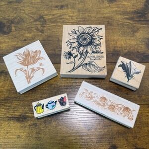 Lot 5 Floral Rubber Wood Stamps  Teapots Set Crafting Card Making Scrapbooking‎